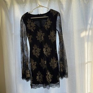 Say It With Flowers Black Metallic Lace Bell Sleeve Mini Dress